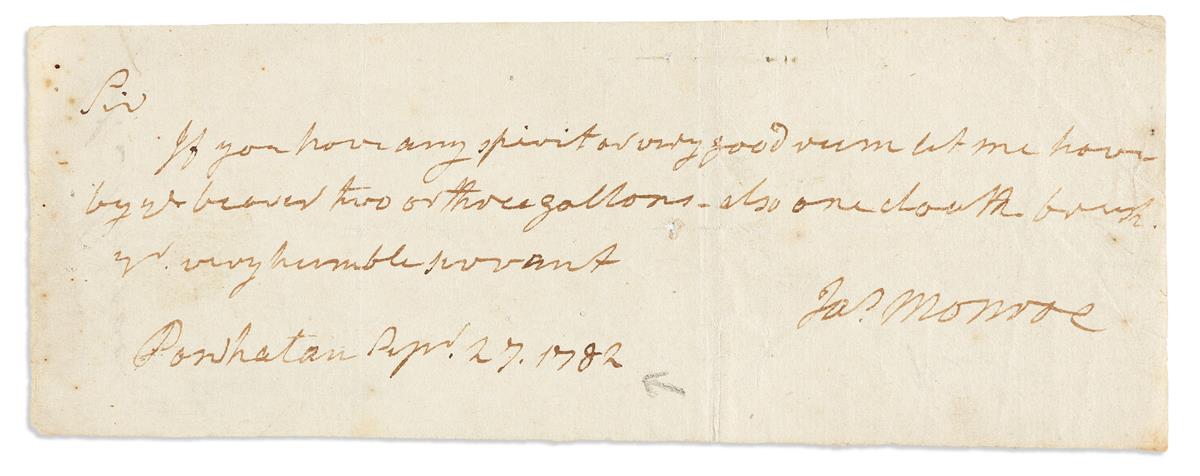 MONROE, JAMES. Brief Autograph Letter Signed, Jas Monroe, to Mr. Miller: